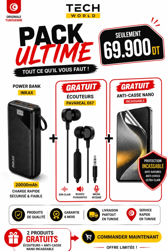 Pack Power Bank Inkax 20000mAh 22.5W + Écouteurs E67 + Anti-Casse Nano Offerts